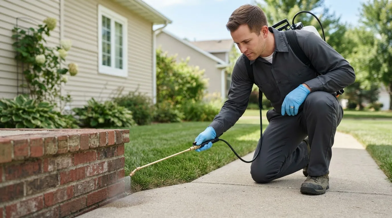 Pest control technician treating a home near Solon, IA