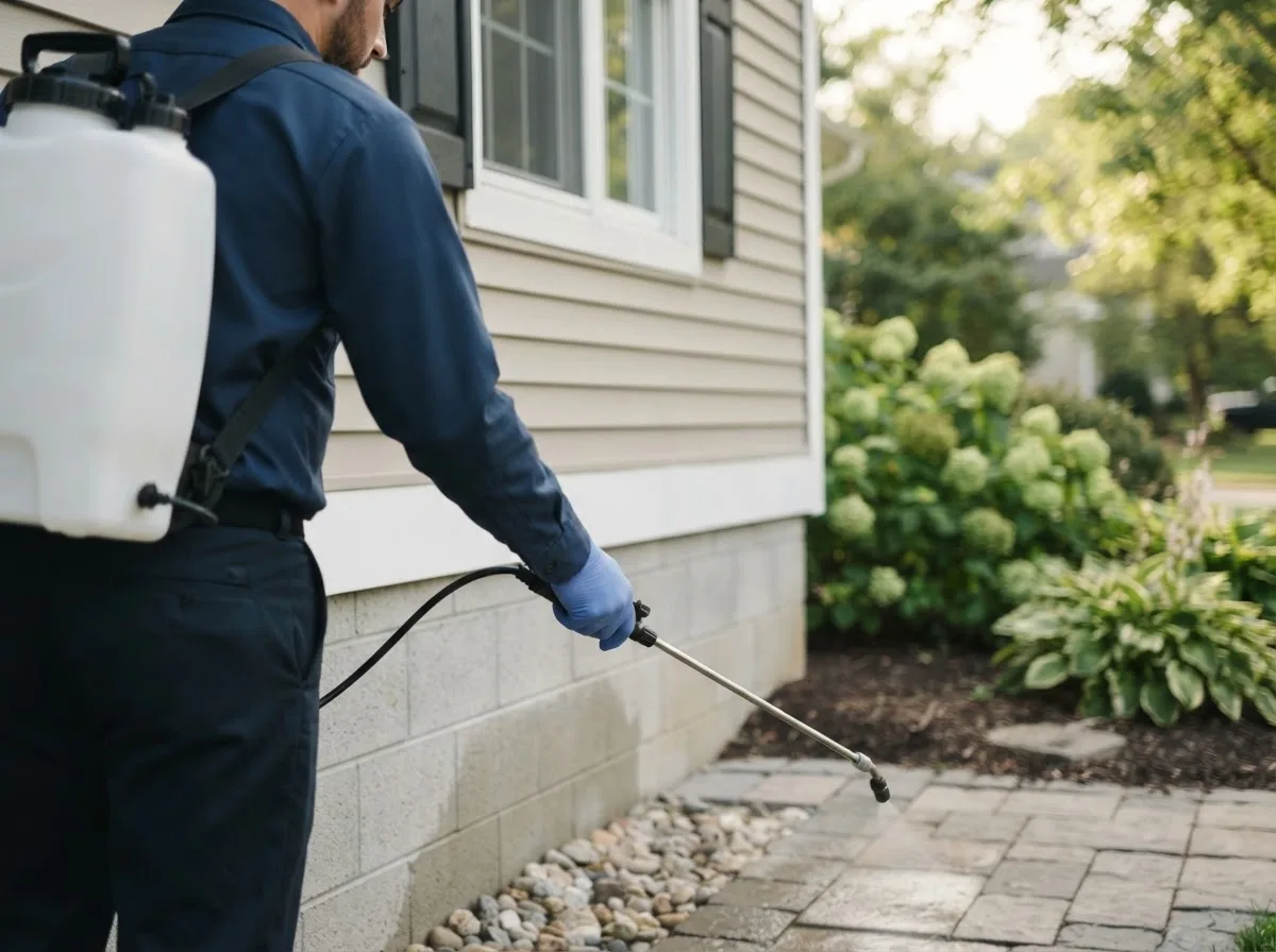 Pest control technician inspecting a home in Solon, IA